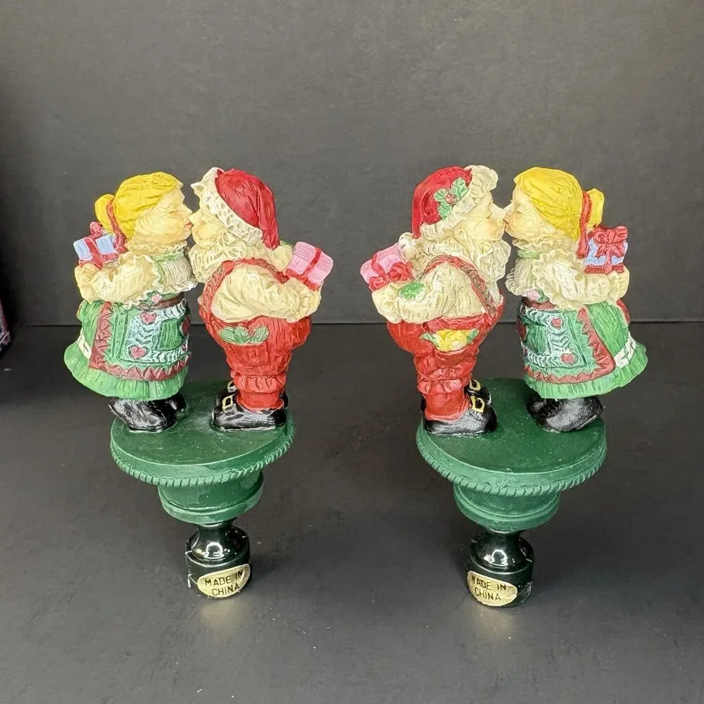 2 Vintage Christmas Lamp Finials Santa & Mrs. Claus Sneaking A Kiss!